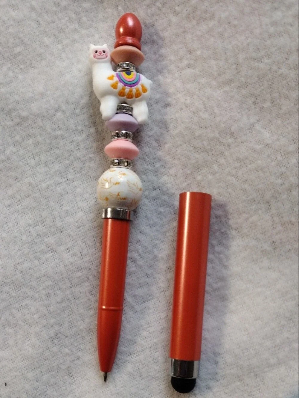 Decorative Orange Touchscreen Stylus Pen with Pink & White Llama Charm